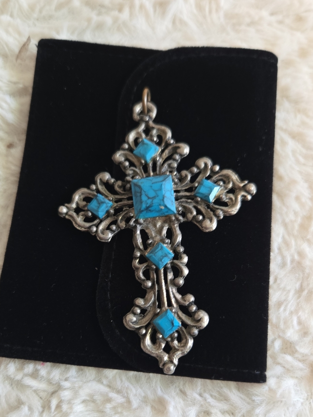 Turquoise Stone Cross Pendant Necklace - Silver-Tone Filigree